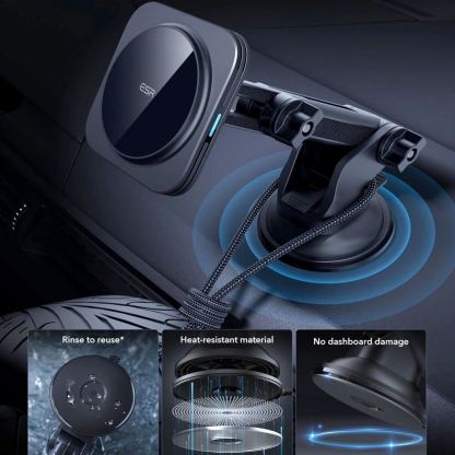 Поставка за таблото или стъклото на кола с безжично зареждане за iPhone с Magsafe - ESR Qi2 Halolock MagSafe Dashboard Car Mount 15W (черен) 8