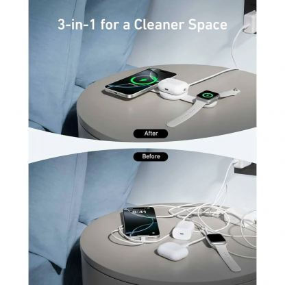 Преносима тройна поставка (пад) за безжично зареждане за iPhone с MagSafe, Apple Watch, AirPods и Qi съвместими мобилни устройства (черен - Anker MagGo 3-in-1 MagSafe Qi2 Foldable Pad (бял) 6