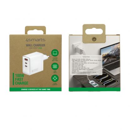 Захранване за ел. мрежа с USB-A и 2xUSB-C изходи с технология за бързо зареждане - 4smarts GaN Wall Charger Pocket 100W (бял) 8