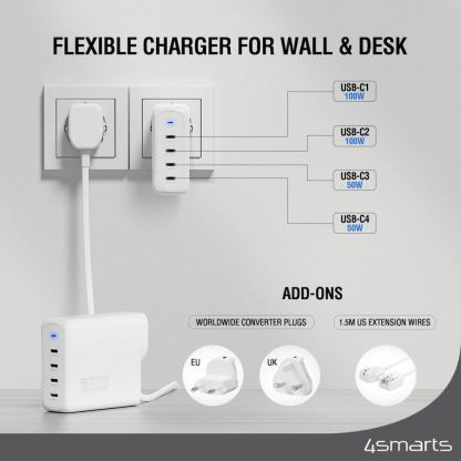 Захранване за ел. мрежа за лаптопи, смартфони и таблети с 4xUSB-C изходи с технология за бързо зареждане - 4Smarts GaN Charger Flex Pro 200W Travel Edition (бял) 5
