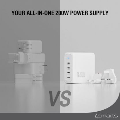 Захранване за ел. мрежа за лаптопи, смартфони и таблети с 4xUSB-C изходи с технология за бързо зареждане - 4Smarts GaN Charger Flex Pro 200W Travel Edition (бял) 6