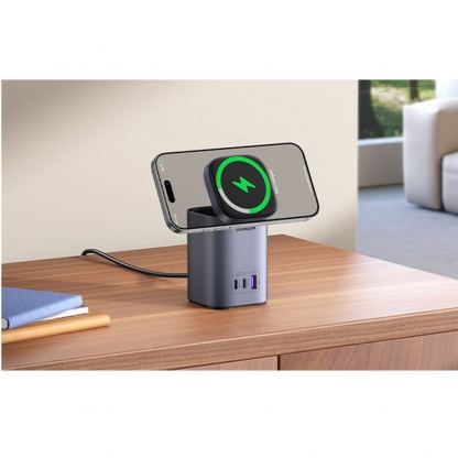 Захранване за ел.мрежа с вградена поставка (пад) за безжично зареждане за iPhone с MagSafe и 1xUSB-A и 2xUSB-C изходи - Ugreen 2-in-1 Magnetic GaN Desktop Charger 65W (сив) 5