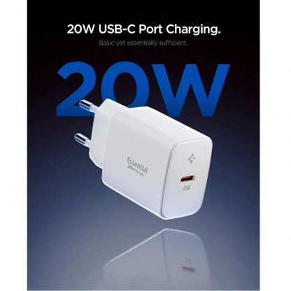 Захранване за ел. мрежа с USB-C изход с технология за бързо зареждане - Spigen Essential Wall Charger PD 20W (бял)  2