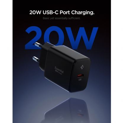 Захранване за ел. мрежа с USB-C изход с технология за бързо зареждане - Spigen Essential Wall Charger PD 20W (черен)  2