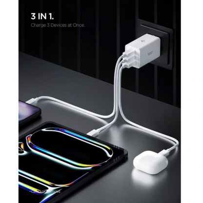 Захранване за ел. мрежа за лаптопи, смартфони и таблети с USB-A и 2xUSB-C изходи с технология за бързо зареждане - Spigen Essential GaN Fast Wall Charger 67W (EE673EU) (бял) 3