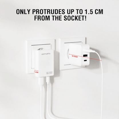 Захранване за ел. мрежа за мобилни устройства с USB-A и USB-C изходи и с технология за бързо зареждане - 4smarts GaN latPlug Duos 20W Wall Charger (бял) 9