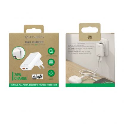 Захранване за ел. мрежа за мобилни устройства с USB-A и USB-C изходи и с технология за бързо зареждане - 4smarts GaN latPlug Duos 20W Wall Charger (бял) 13