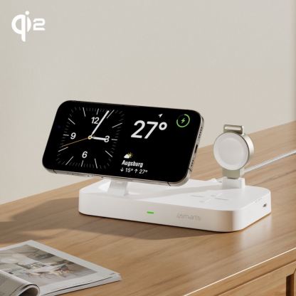 Тройна поставка (пад) за безжично зареждане за iPhone с MagSafe, Apple Watch, AirPods Pro и Qi съвместими мобилни устройства - 4smarts Qi2 Charging Station Trident With Apple Watch Charger (бял) 3