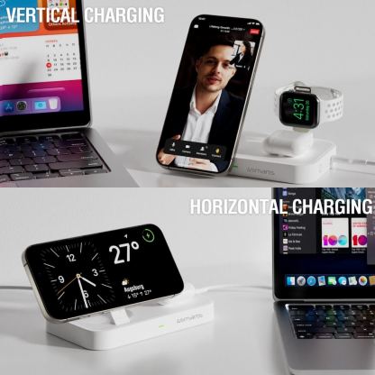 Тройна поставка (пад) за безжично зареждане за iPhone с MagSafe, Apple Watch, AirPods Pro и Qi съвместими мобилни устройства - 4smarts Qi2 Charging Station Trident With Apple Watch Charger (бял) 5