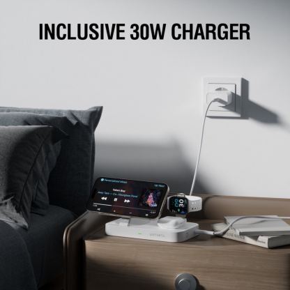 Тройна поставка (пад) за безжично зареждане за iPhone с MagSafe, Apple Watch, AirPods Pro и Qi съвместими мобилни устройства - 4smarts Qi2 Charging Station Trident With Apple Watch Charger (бял) 8