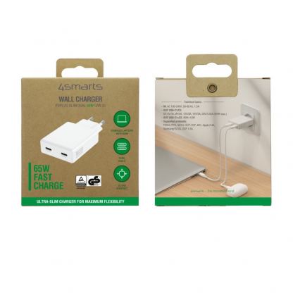 Захранване за ел. мрежа за мобилни устройства с 2xUSB-C изходи и с технология за бързо зареждане - 4smarts GaN PDPlug Slim Duos 2C Wall Charger 65W (бял) 12