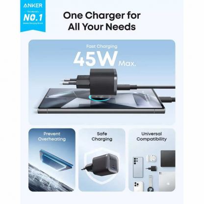 Захранване за ел. мрежа за USB-C порт с технология за бързо зареждане - Anker Nano 45W USB-C Wall Charger (черен) 5