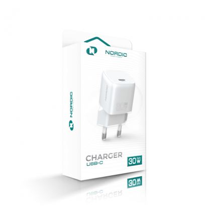 Захранване за ел. мрежа с USB-C изход с технология за бързо зареждане - Nordic PD GaN USB-C Wall Charger 30W (бял) 2