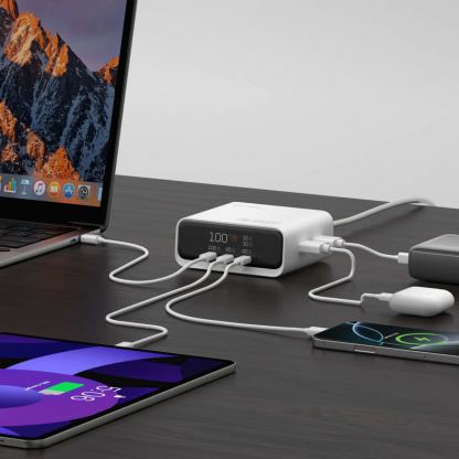 Захранване за ел. мрежа за лаптопи, смартфони и таблети с 2xUSB-A и 3xUSB-C изходи с технология за бързо зареждане - 4smarts Desk Charger GaN Screen 100W (бял) 5