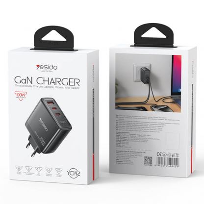 Захранване за ел. мрежа за лаптопи, смартфони и таблети с 2xUSB-C и 1xUSB-A изходи - Yesido YC142 GaN Fast Wall Charger 100W (черен) 7