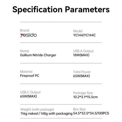 Захранване за ел. мрежа за лаптопи, смартфони и таблети с USB-A и 2xUSB-C изходи с технология за бързо зареждане - Yesido YC144 GaN Fast Wall Charger 65W (черен) 6