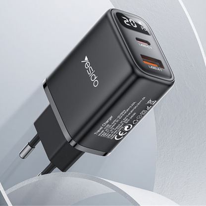Захранване за ел. мрежа с USB-A и USB-C изходи и технология за бързо зареждане - Yesido YC68 Digital Display Dual Fast Wall Charger 20W (черен) 2