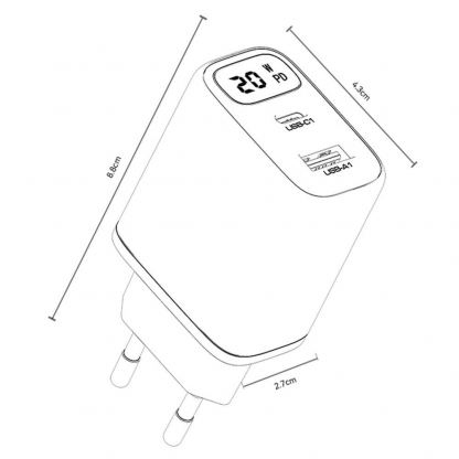 Захранване за ел. мрежа с USB-A и USB-C изходи и технология за бързо зареждане - Yesido YC68 Digital Display Dual Fast Wall Charger 20W (черен) 6