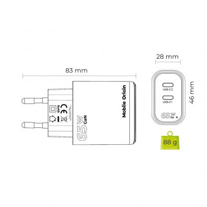 Захранване за ел. мрежа за лаптопи, смартфони и таблети с 2xUSB-C изхода и с технология за бързо зареждане - Mobile Origin MO19 GaN Dual Fast Wall Charger 65W (бял) 8