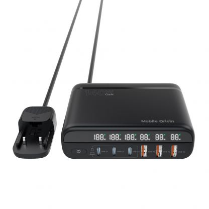 Захранване за ел. мрежа за лаптопи, смартфони и таблети с 3xUSB-A и 3xUSB-C изходи с технология за бързо зареждане и преходници за цял свят - Mobile Origin PW12 GaN Fast Wall Charger 140W (черен) 5