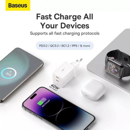 Захранване за ел. мрежа с 2xUSB-C изходи с технология за бързо зареждане - Baseus GaN5 Pro Fast Wall Charger Dual USB-C 40W (бял) 5