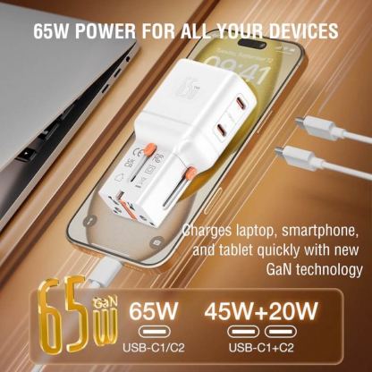 Захранване за ел. мрежа с 2xUSB-C изходи и преходници за цял свят в едно устройство - 4smarts Nomad GaN Universal World Travel Wall Charger 65W (бял) 8