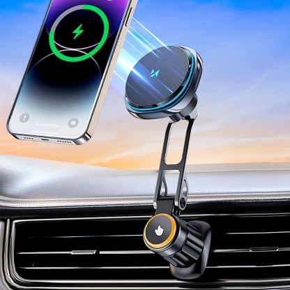 Поставка за радиаторa на кола с безжично зареждане за iPhone с Magsafe - Wozinsky WCT5-6S2Y Magnetic Fast Wireless Vent Car Holder 15W (черен) 9