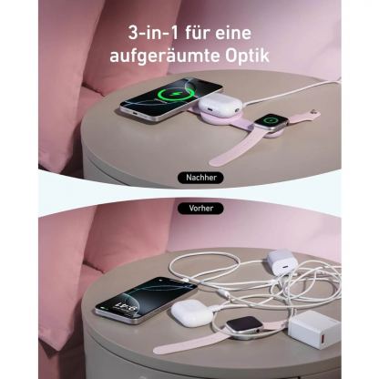 Преносима тройна поставка (пад) за безжично зареждане за iPhone с MagSafe, Apple Watch, AirPods и Qi съвместими мобилни устройства - Anker MagGo 3-in-1 MagSafe Qi2 Foldable Pad (розов) 4