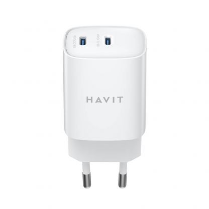 Захранване за ел. мрежа с 2xUSB-C изходи с технология за бързо зареждане - Havit GaN Dual Wall Charger USB-C 45W (бял) 3