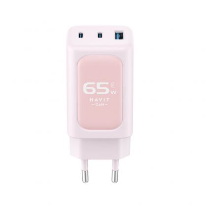 Захранване за ел. мрежа за лаптопи, смартфони и таблети с 2xUSB-C и 1xUSB-A изходи с технология за бързо зареждане - Havit GaN Fast Wall Charger 65W (розов) 2
