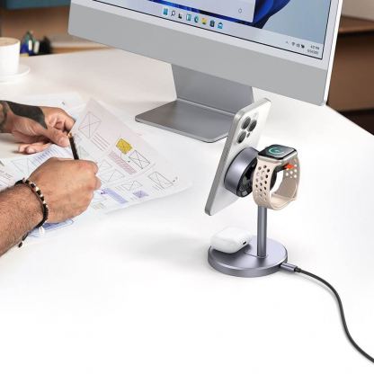 Тройна поставка (пад) за безжично зареждане за iPhone с Magsafe, Apple Watch, AirPods, Qi съвместими устройства - Mcdodo Black Swan 3-in-1 Magnetic Wireless Charging Station Qi2 22.5W (черен) 6