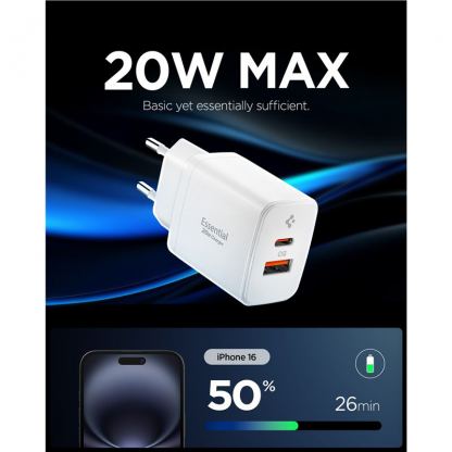 Захранване за ел. мрежа с USB-A и USB-C изходи и технология за бързо зареждане - Spigen Essential 20W Wall Charger EE202EU (бял) 4