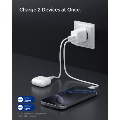 Захранване за ел. мрежа с USB-A и USB-C изходи и технология за бързо зареждане - Spigen Essential 20W Wall Charger EE202EU (бял) 5