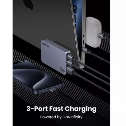 Захранване за ел. мрежа за лаптопи, смартфони и таблети с USB-A и 2xUSB-C изходи с технология за бързо зареждане - Ugreen Nexode Pro GaN Fast Wall Charger 65W PD (тъмносив) 9
