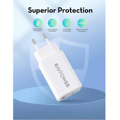 Захранване за ел. мрежа с USB-A и USB-C изходи и технология за бързо зареждане - RavPower RP-PC171 GaN Fast Wall Charger 45W (бял) 5
