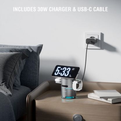 Безжичен спийкър с тройна поставка (пад) за безжично зареждане за iPhone с Magsafe и AirPods - 4smarts Qi2 ChargeBot Sound 3-in-1 Charging Station With Bluetooth Speaker (тъмносив) 12