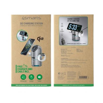 Безжичен спийкър с тройна поставка (пад) за безжично зареждане за iPhone с Magsafe и AirPods - 4smarts Qi2 ChargeBot Sound 3-in-1 Charging Station With Bluetooth Speaker (тъмносив) 14