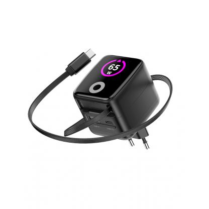 Захранване за ел. мрежа с USB-A и USB-C изходи и вграден USB-C кабел - Mobile Origin PW3 GaN TFT Display Wall Charger 65W (черен) 4