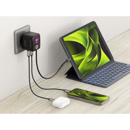 Захранване за ел. мрежа с USB-A и USB-C изходи и вграден USB-C кабел - Mobile Origin PW3 GaN TFT Display Wall Charger 65W (черен) 5
