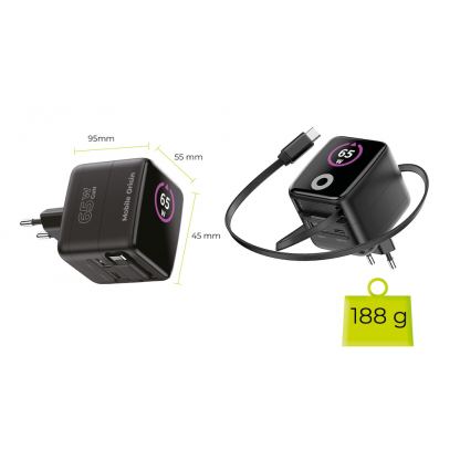 Захранване за ел. мрежа с USB-A и USB-C изходи и вграден USB-C кабел - Mobile Origin PW3 GaN TFT Display Wall Charger 65W (черен) 13