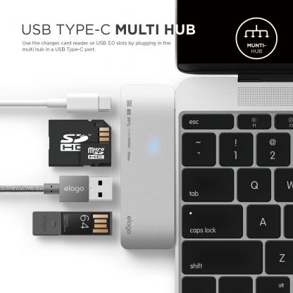 Elago Multi USB-C Hub - USB-C хъб към 2xUSB 3.0, MicroSD, SD и USB-C за MacBook и устройства с USB-C порт (сребрист) 2