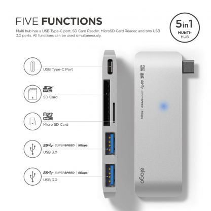 Elago Multi USB-C Hub - USB-C хъб към 2xUSB 3.0, MicroSD, SD и USB-C за MacBook и устройства с USB-C порт (сребрист) 3