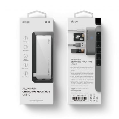 Elago Multi USB-C Hub - USB-C хъб към 2xUSB 3.0, MicroSD, SD и USB-C за MacBook и устройства с USB-C порт (сребрист) 8
