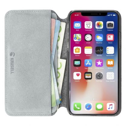 Krusell Broby 4 Card Slim Wallet Case - велурен калъф, тип портфейл за iPhone XS Max (сив) 4