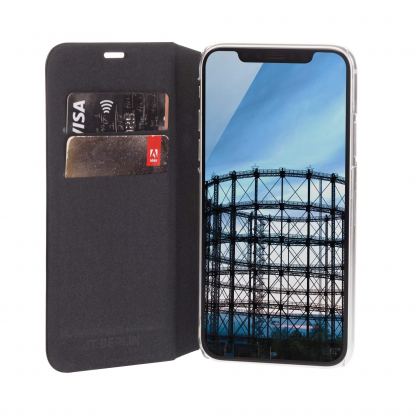 JT Berlin Folio Case - хоризонтален кожен (веган кожа) калъф тип портфейл за iPhone XR (черен) 4