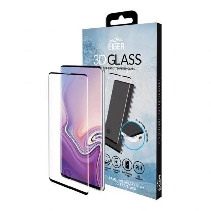 Eiger 3D Glass Case Friendly Curved Tempered Glass - калено стъклено защитно покритие с извити ръбове за целия дисплей на Samsung Galaxy S10 Plus (черен-прозрачен) 3