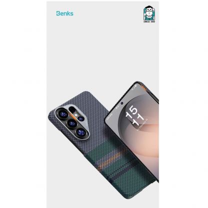 Кевларен кейс с MagSafe за Samsung Galaxy S26 - Benks Armor Air Aurora Kevlar Case 600D (черен-зелен) 5
