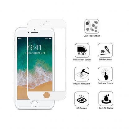 Premium Full Glue 5D Tempered Glass - обхващащо и ръбовете стъклено защитно покритие за дисплея на iPhone 8, iPhone 7 (бял) 2