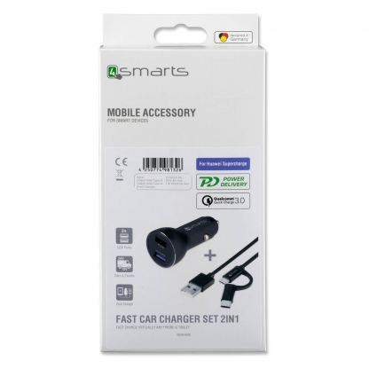 4smarts Fast Car Charger Set with Fast Charge and Power Delivery - зарядно за кола с USB-C и MicroUSB кабел (черен) 4