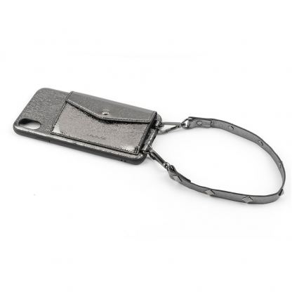 LAVAVIK Cross-Body Phone Purse - кожен калъф с портмоне и лента за врата за iPhone XS Max (сив)